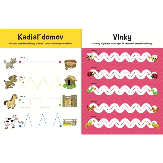 Lesklý pracovný zošit s aktivitami na obťahovanie tvarov na opakovateľné precvičovanie písania.