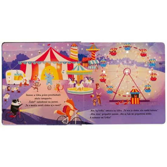 Rozžiar líške a jazvecovi nočné mesto! Stačí stlačiť tlačidlo a na stránkach zasvietia hviezdy na nočnej oblohe.