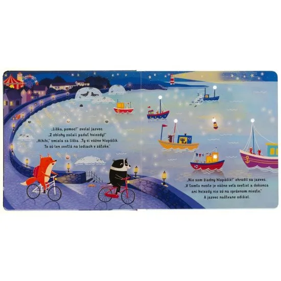 Rozžiar líške a jazvecovi nočné mesto! Stačí stlačiť tlačidlo a na stránkach zasvietia hviezdy na nočnej oblohe.