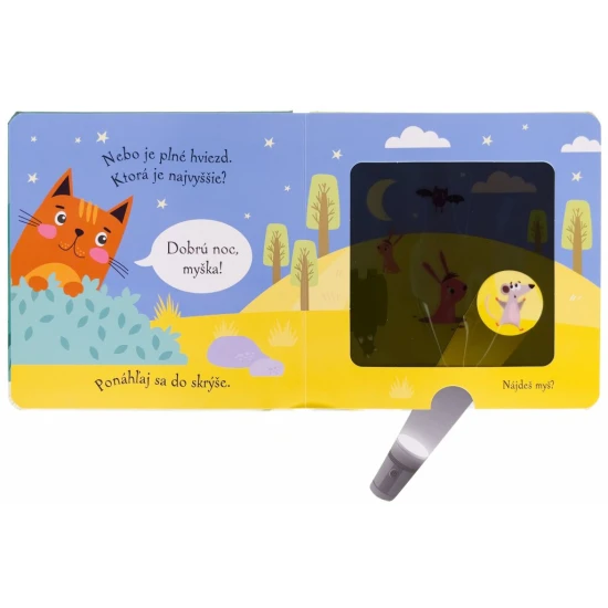 Mačička sa už chystá spať, ale najprv musí dať dobrú noc všetkým svojim zvieracím kamarátom. Pomôžeš jej ich nájsť? Kniha s kúzelnou baterkou.