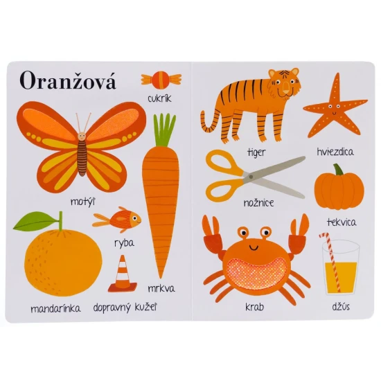 Ilustrované leporelo s hmatovými prvkami pre našich najmenších. Zoznámi ich základnými farbami a najrôznejšími zvieratami, predmetmi, potravinami či hračkami.