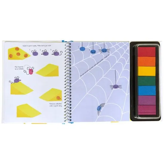 Pustite sa s deťmi do hier s otlačkami prstov - stačí odklopiť viečko z farebných atramentových vankúšikov a zaplniť úlohy v knihe vlastnými výtvormi.