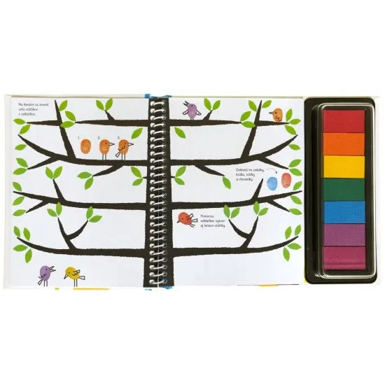 Pustite sa s deťmi do hier s otlačkami prstov - stačí odklopiť viečko z farebných atramentových vankúšikov a zaplniť úlohy v knihe vlastnými výtvormi.