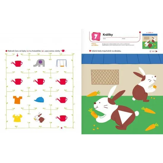 Pracovný zošit pripravuje dieťa na aktivity, ktorým sa bude venovať v škôlke. Je zameraný na prácu s pastelkami.