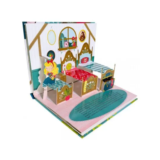 Klasická rozprávka Zlatovláska a tri medvede v krásnej rozkladacej knižke.