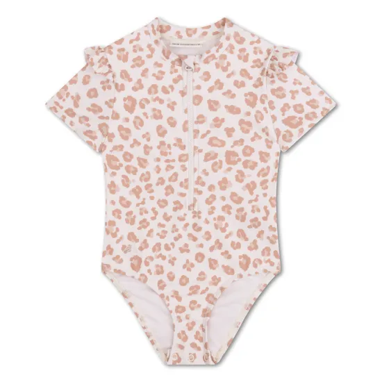 Dievčenské plavky s krátkym rukávom s UPF 50+ Beige Leopard Swim Essentials