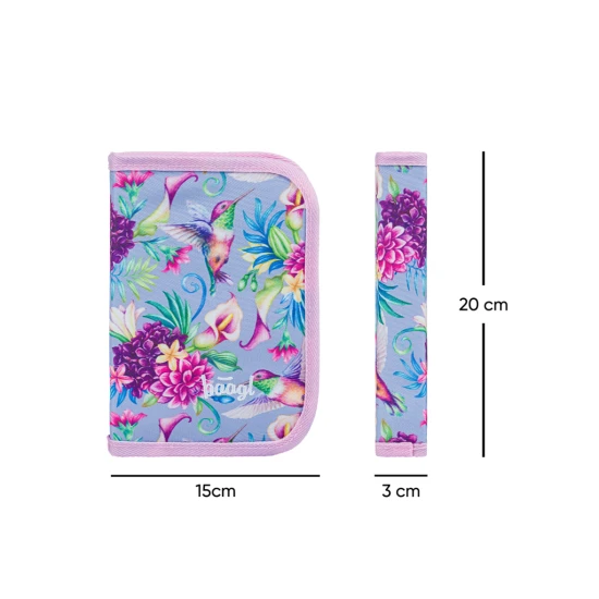 Jednoposchodový školský peračník s motívom kolibríka, s praktickými pútkami a vreckom na drobnosti.