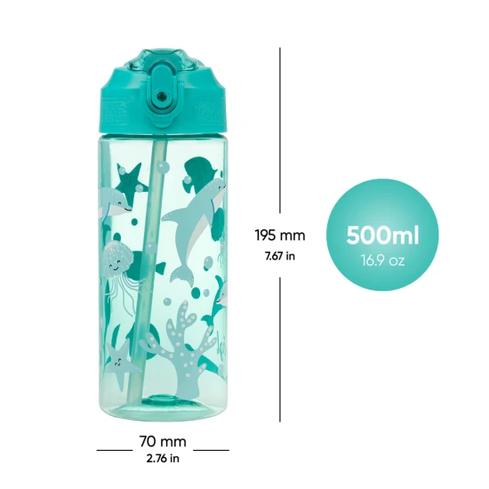Tritanová fľaša na pitie so slamkou Delfín 500 ml, BPA-free, praktická a odolná pre školákov a športovcov.
