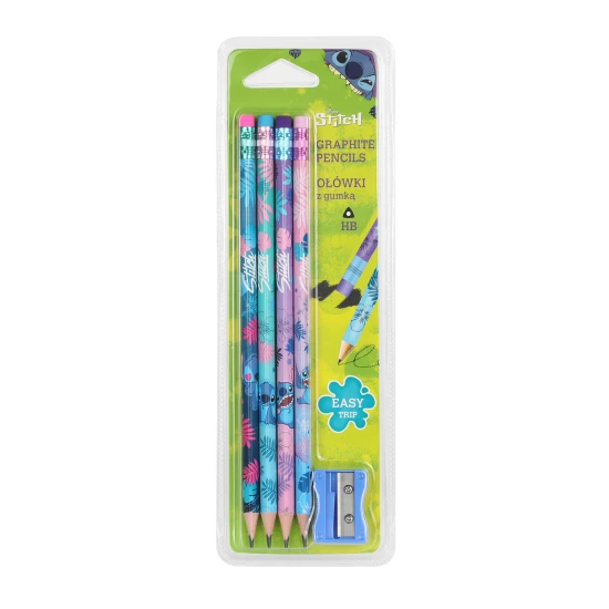 Súprava 4 ceruziek Stitch Blue s rôznymi motívmi, farebnými gumami a strúhadlom