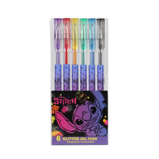 Gélové perá Stitch Black 6 ks s trblietkami – farebné a efektne lesklé perá pre deti