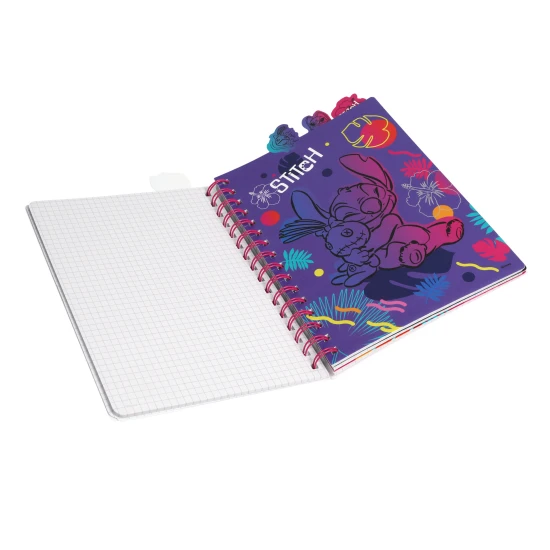 Zápisník A5 Stitch Black so špirálou, záložkami a štvorčekovými stranami