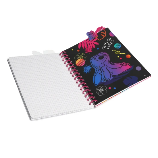 Zápisník A5 Stitch Black so špirálou, záložkami a štvorčekovými stranami