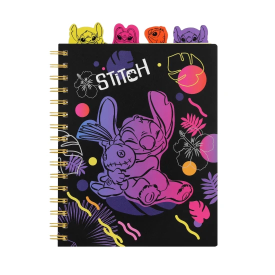 Zápisník A5 Stitch Black so špirálou, záložkami a štvorčekovými stranami