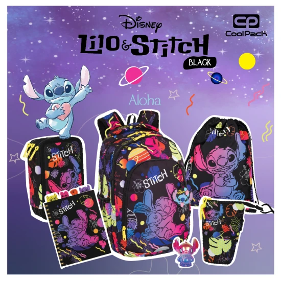 Športový vak Stitch Black s ilustráciou Stitcha, pastelové farby a dvojité šnúrky na nosenie