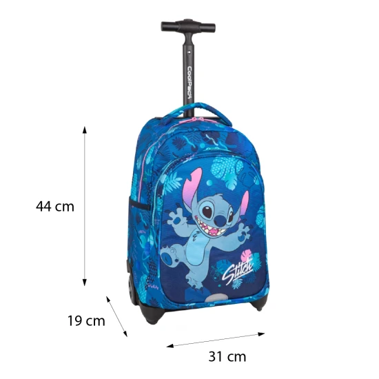 Školská taška Jack na kolieskach Stitch Blue s dvoma priestrannými komorami a reflexnými prvkami pre detskú bezpečnosť.