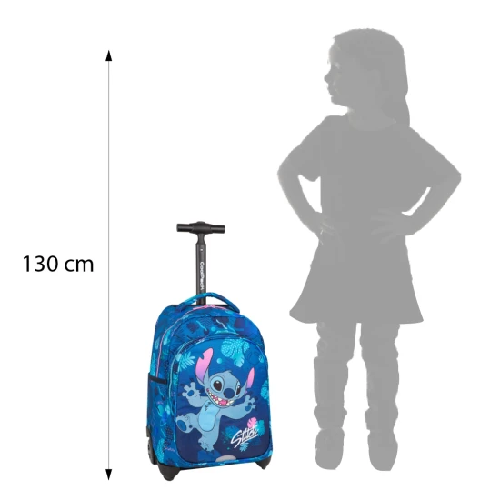 Školská taška Jack na kolieskach Stitch Blue s dvoma priestrannými komorami a reflexnými prvkami pre detskú bezpečnosť.