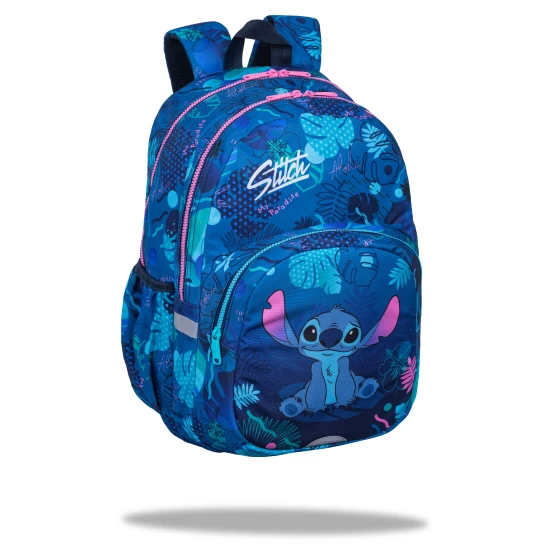 Školská taška Rider 43 cm Stitch Blue s priestrannými komorami, vreckom na notebook a vreckom na fľašu na pitie.