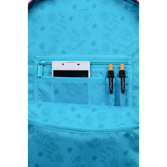 Školská taška Rider 43 cm Stitch Blue s priestrannými komorami, vreckom na notebook a vreckom na fľašu na pitie.