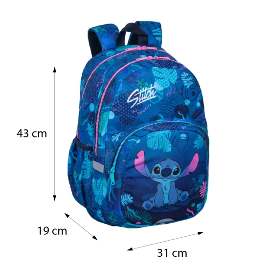 Školská taška Rider 43 cm Stitch Blue s priestrannými komorami, vreckom na notebook a vreckom na fľašu na pitie.