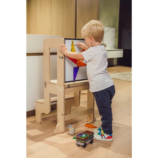Montessori Učiaca vežička 3 v 1 Prírodná s magnetickou tabuľou – Family Nation FN-MONT-TORMAG-NA