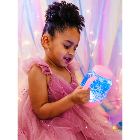 Glo Pals Senzorická fľaša Bubble gum: svietiaca hračka pre deti s ružovým dizajnom.