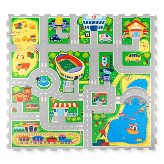 Hracia penová puzzle podložka s cestami, budovami a autíčkami, 1.2x1.2 m – detská autodráha z EVA peny