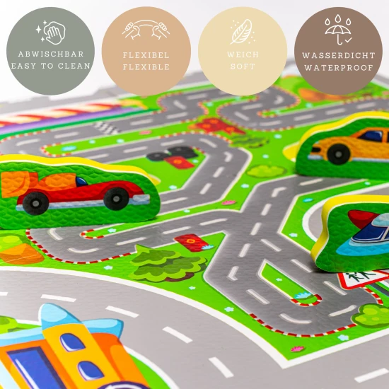 Hracia penová puzzle podložka s cestami, budovami a autíčkami, 1.2x1.2 m – detská autodráha z EVA peny