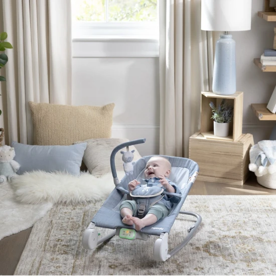 Lehátko masážne vibrujúce s melódiou Happy Belly™ Rock-to-Bounce Chambray 0m+ do 9kg Ingenuity 16854-2