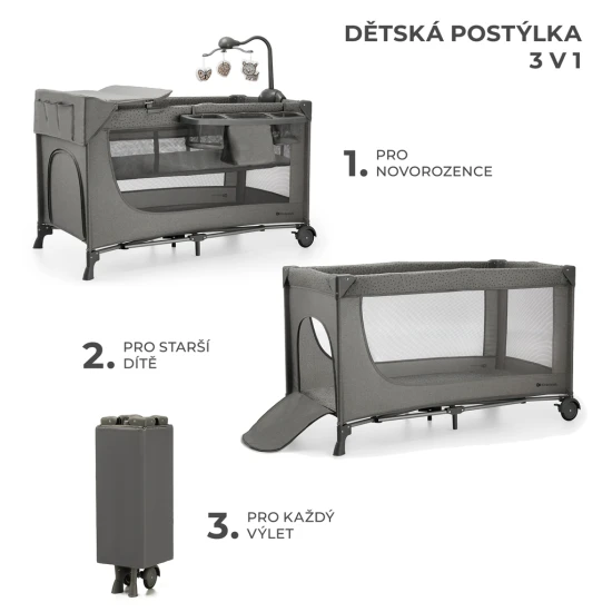 Postieľka cestovná Joy 2 s doplnkami Dark grey Kinderkraft KLJOY02DGR000AC
