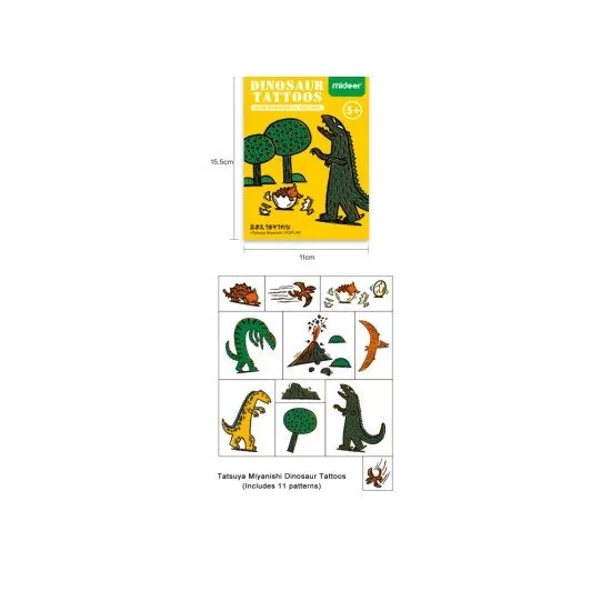 Dočasné tetovačky pre malých dobrodruhov. Set obsahuje 11 tetovaní s obrázkami dinosaurov.
