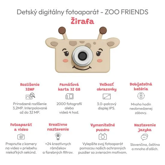 Detský digitálny fotoaparát na každú cestu s motívom žirafy.