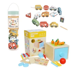 Zvýhodnený set pre jemnú motoriku Montessori box 4 v 1 a Navliekanie Doprava