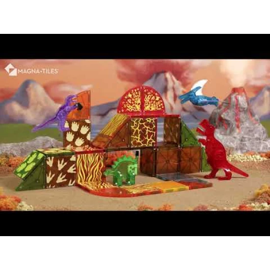 Magnetická stavebnica Dino s dinosaurami a farebnými dielikmi.