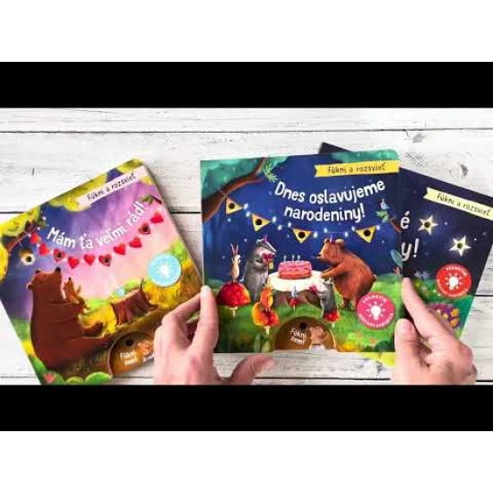 Fúkni na knižku a nechaj rozžiariť svetielka! Začítaj sa do knižky o zvieratkách, ktoré spolu s Medvedíkom oslavujú jeho tretie narodeniny.