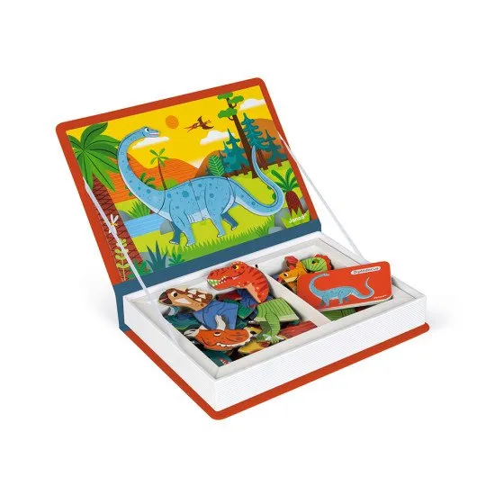 Magnetická kniha s dinosaurom a farebnými magnetkami pre deti.