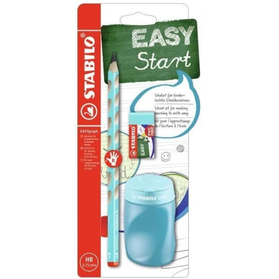 Školský set modrý pre pravákov so strúhadlom a gumou STABILO EASYgraph