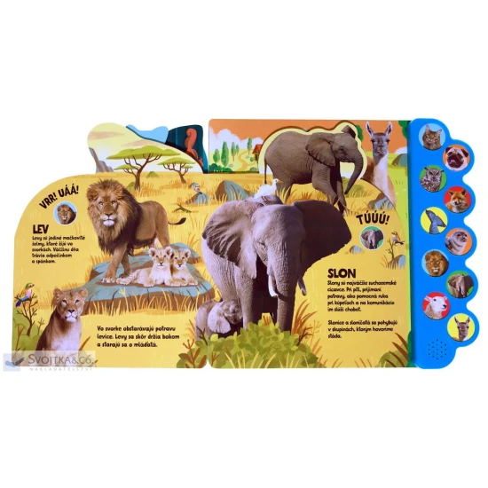 Spoznaj zvieratá z celého sveta a po stlačení tlačidla si vypočuj, aké rôzne zvuky vydávajú! Kniha obsahuje tri výmenné batérie.