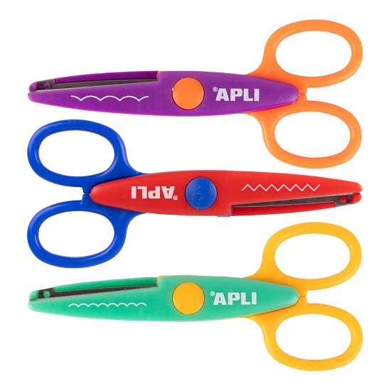 Kreatívne nožnice APLI 13,5 cm – oblúkový, vlnkový a zúbkový strih, vhodné pre deti na výtvarné aktivity a školské projekty