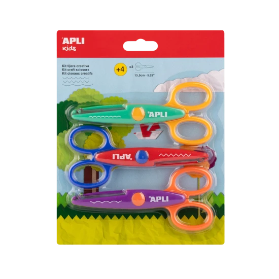 Kreatívne nožnice APLI 13,5 cm – oblúkový, vlnkový a zúbkový strih, vhodné pre deti na výtvarné aktivity a školské projekty