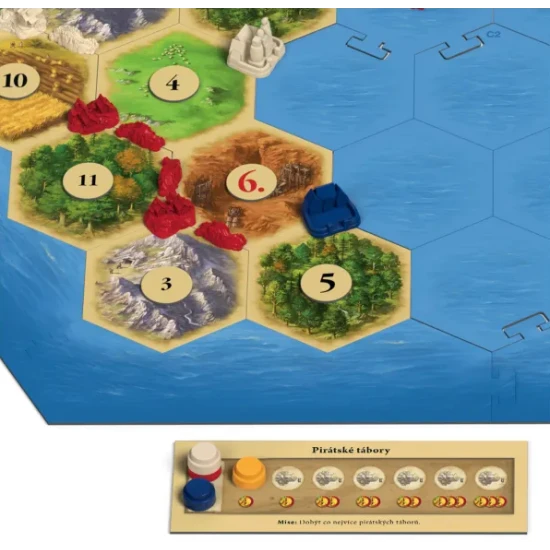 Rozšírenie Catan s novými ostrovmi, pirátskymi tábormi a obchodovaním s korením a rybami.