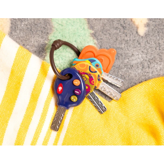Hrkálka s kľúčmi od auta s tromi rôznymi zvukmi a svetielkom, ktoré budú stimulovať zrakové a sluchové zmysly bábätka.