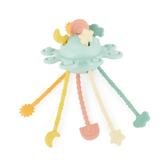 Silikónová motorická hračka s aktivitami Eucalyptus – Montessori hračka pre deti od 12 mesiacov