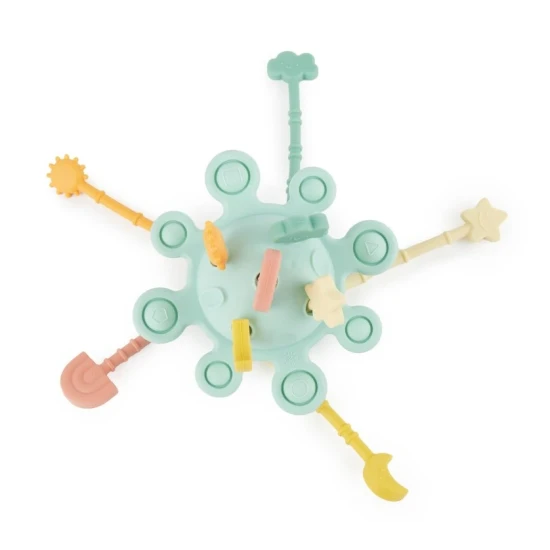 Silikónová motorická hračka s aktivitami Eucalyptus – Montessori hračka pre deti od 12 mesiacov