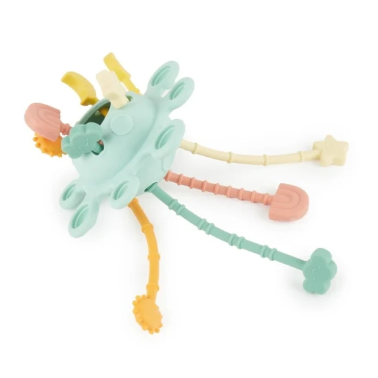 Silikónová motorická hračka s aktivitami Eucalyptus – Montessori hračka pre deti od 12 mesiacov