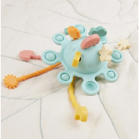 Silikónová motorická hračka s aktivitami Eucalyptus – Montessori hračka pre deti od 12 mesiacov