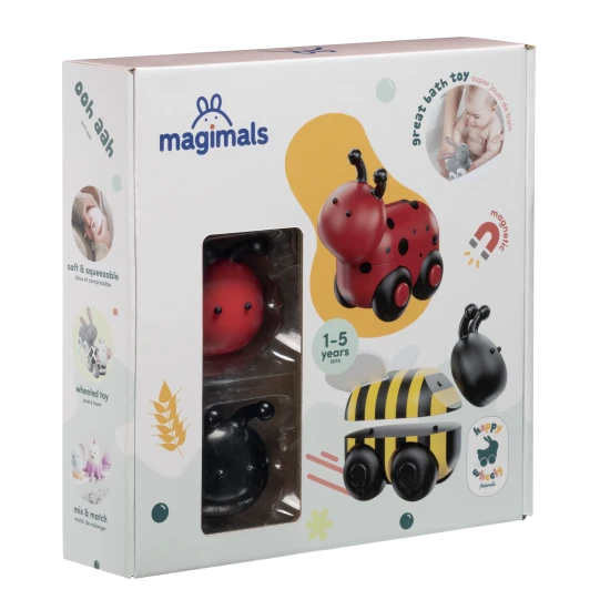 Magnetické zvieratká Magimals Wheely – drevená hračka Lienka a Včela na kolieskach s magnetickými časťami
