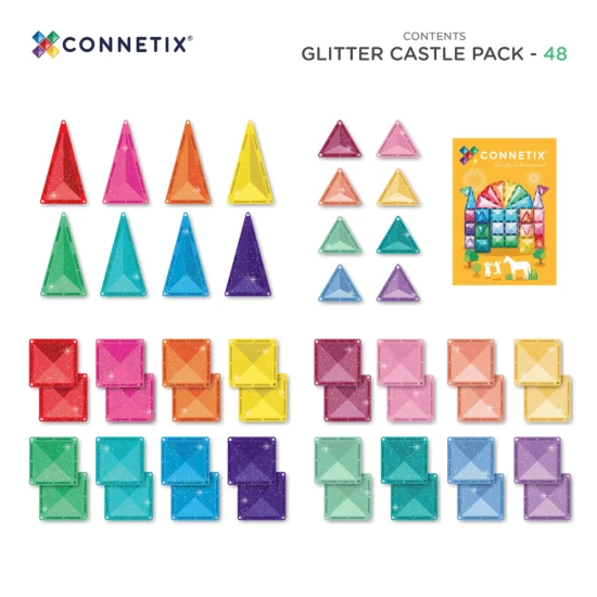 CONNETIX Pastelová Glitter Castle Pack Sada s Trblietkami – Magická, trblietavá stavebnica na tvorbu hradov, veží, mostov a ďalších fantastických svetov.