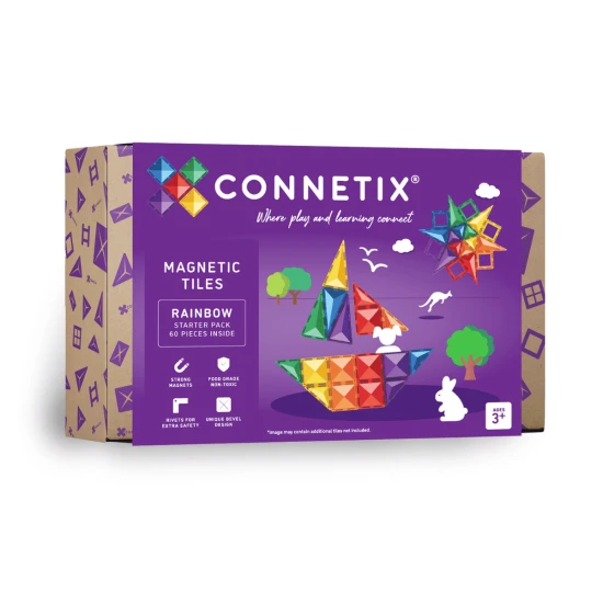 CONNETIX 60-dielny Rainbow Starter Pack Set – Rôzne tvary a farby pre kreativitu a vzdelávaciu hru s magnetickými dlaždicami.