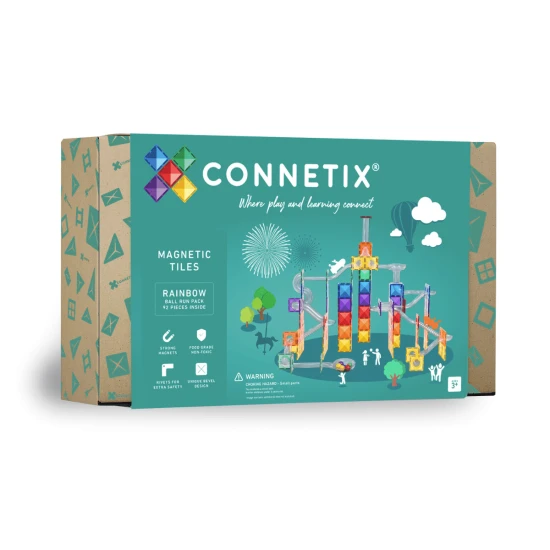 CONNETIX 92-dielna Dúhová Guľočková Dráha – Farebné drevené gule, priesvitné trubice a zábavné zákruty pre deti, rozvoj kreativity a STEAM vzdelávania.