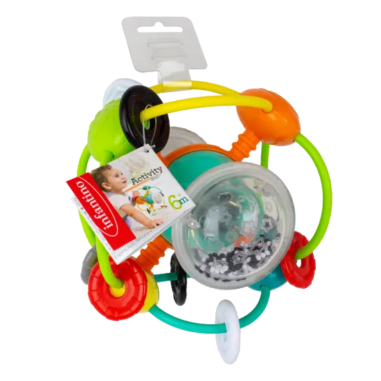 Farebná hrkálka s guličkami ponúka množstvo pohyblivých a hrkajúcich častí vo výrazných kontrastných farbách.